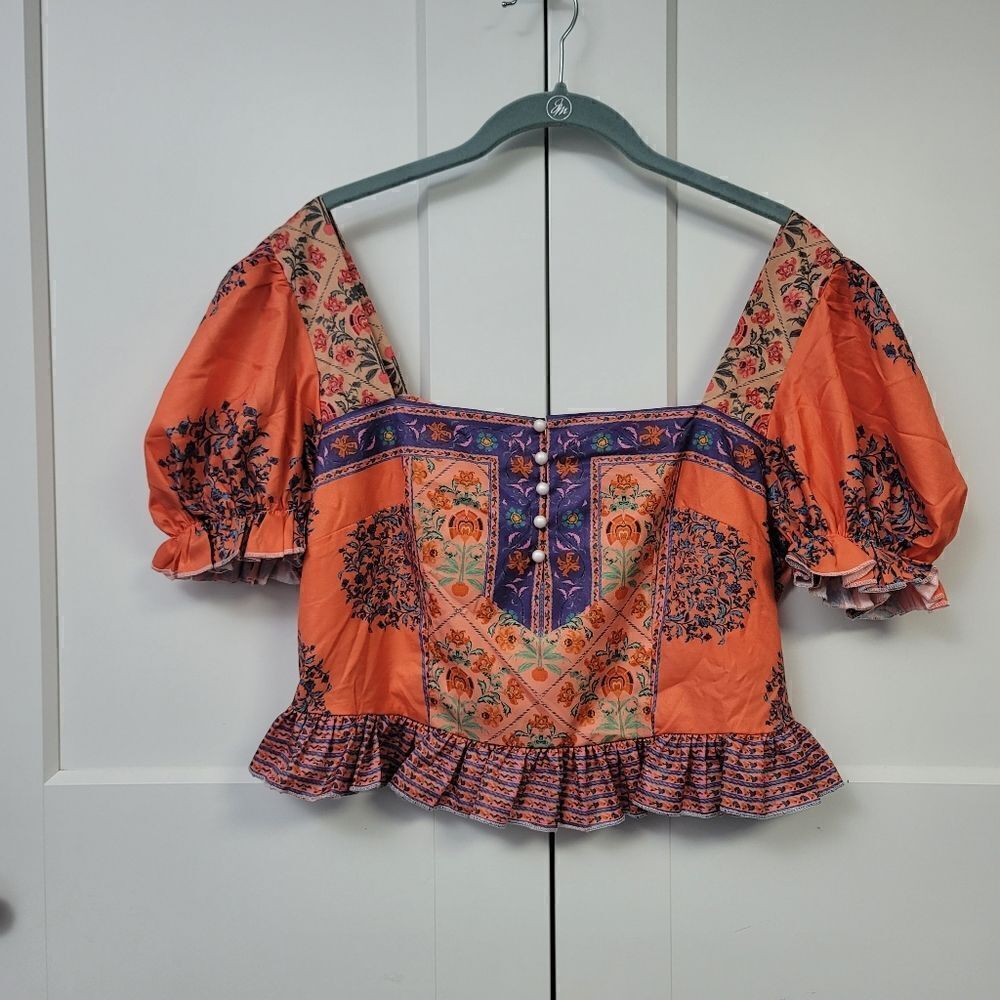 SHEIN Floral Print Puff Sleeve Square Neck Button Front Ruffle Hem Blouse, large - Picture 6 of 11